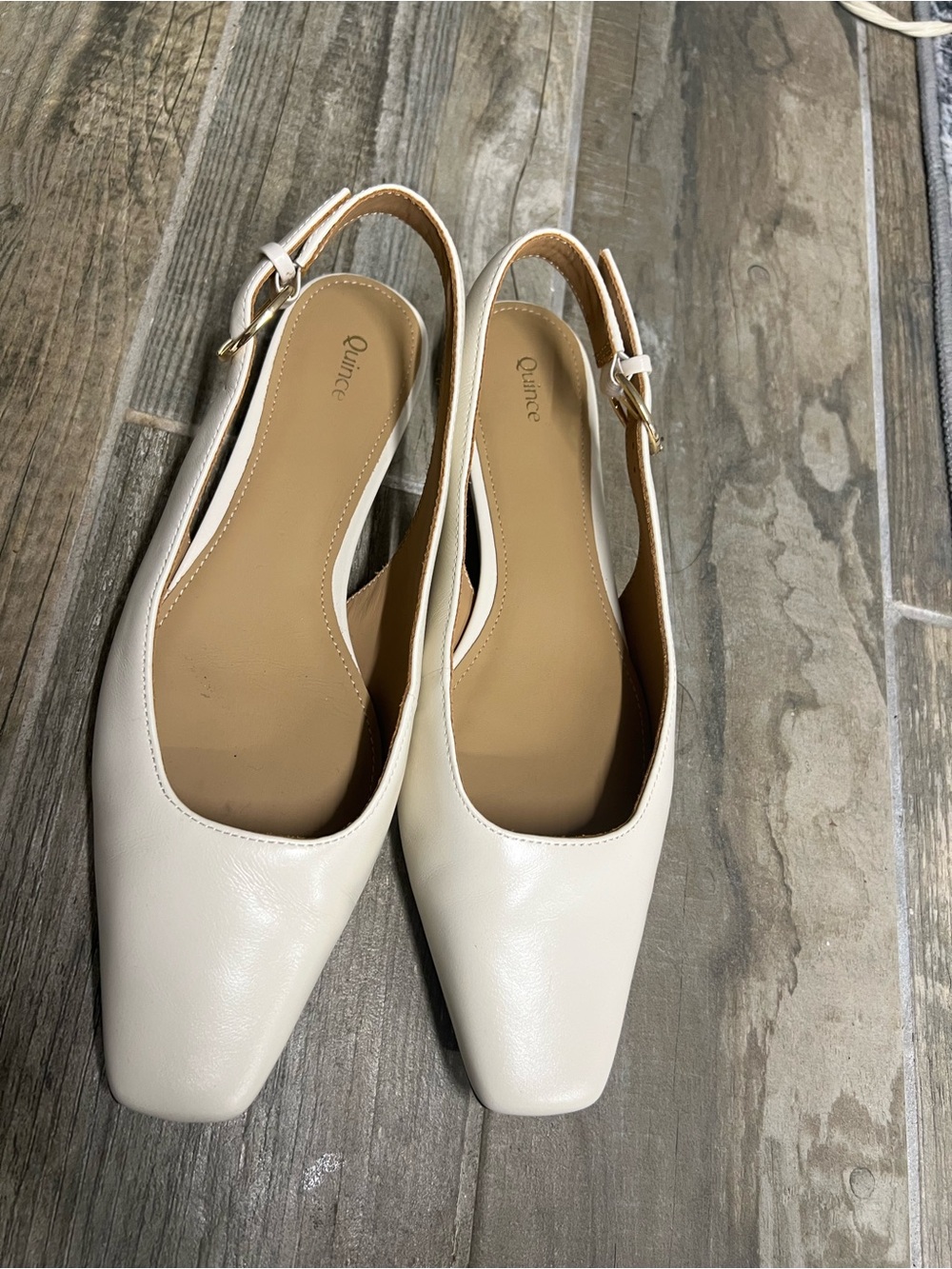 Quince Cream Square-Toe Slingback Flats